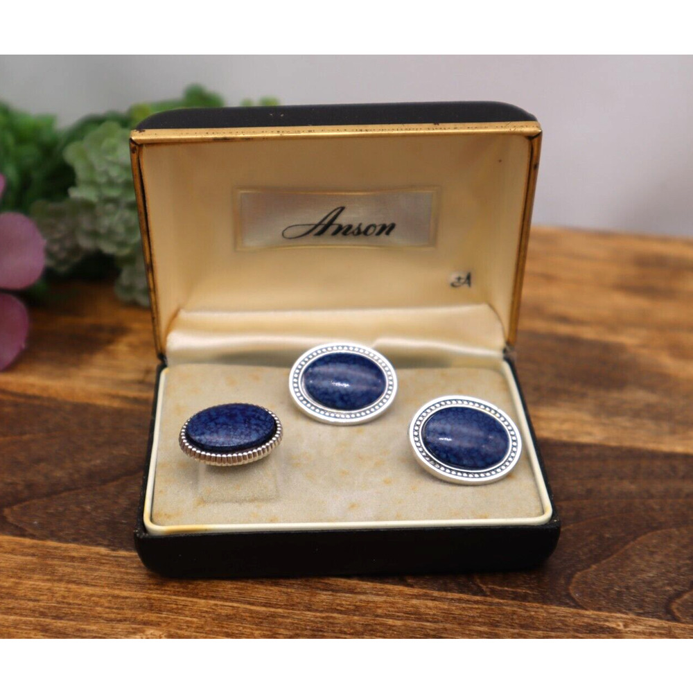 Vintage Anson Cufflinks Set NEW Silver Tone Blue Faux Stone Western Boho Style